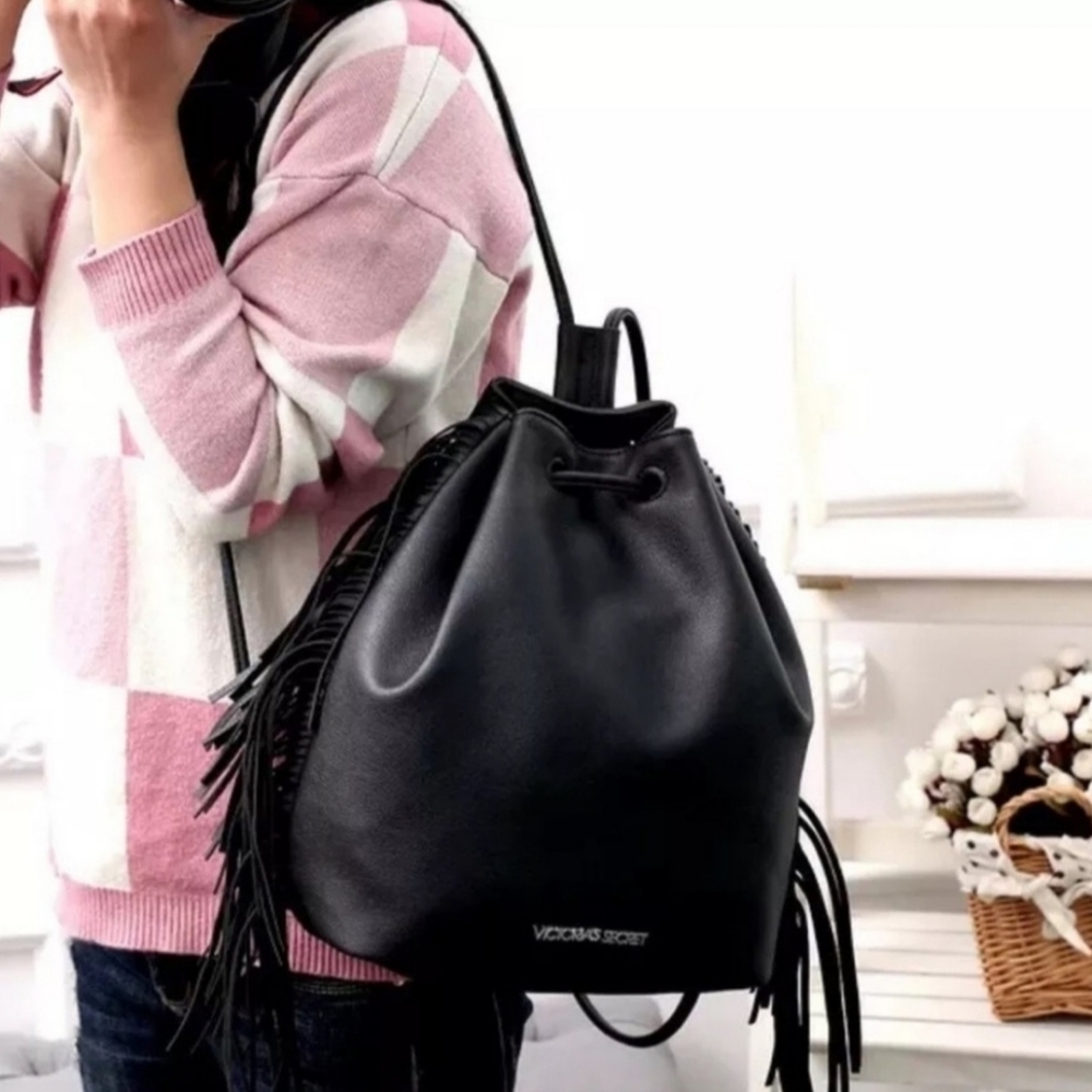 Victoria's Secret Fashion Show Black Leather  Backpack Backstage‎ Bag